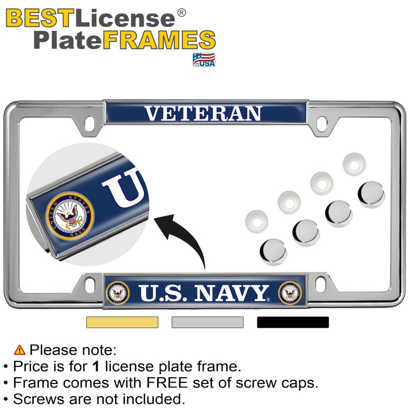 BestLicensePlateFrames [Officially Licensed Product] - U.S. Navy Veteran with Eagle, Anchor Logo - Domed Custom-Made Personalized Narrow (Thin) Top 4 Hole Metal Car License Plate Frame with Free caps - Chrome (Qty:1 Frame) - Image 2